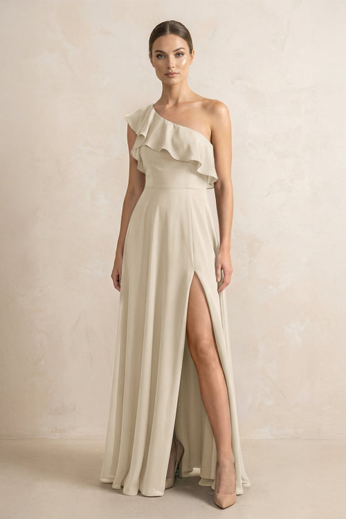 Ruffled One - Shoulder A - Line Chiffon Bridesmaid Dress in Champagne - KISS BRIDAL Bridesmaid Dresses