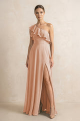 Ruffled One - Shoulder A - Line Chiffon Bridesmaid Dress in Champagne Rose - KISS BRIDAL Bridesmaid Dresses