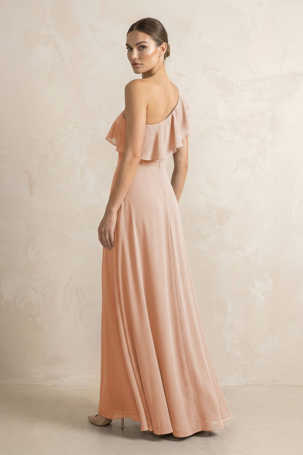 Ruffled One - Shoulder A - Line Chiffon Bridesmaid Dress in Champagne Rose - KISS BRIDAL Bridesmaid Dresses