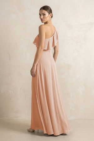 Ruffled One - Shoulder A - Line Chiffon Bridesmaid Dress in Champagne Rose - KISS BRIDAL Bridesmaid Dresses