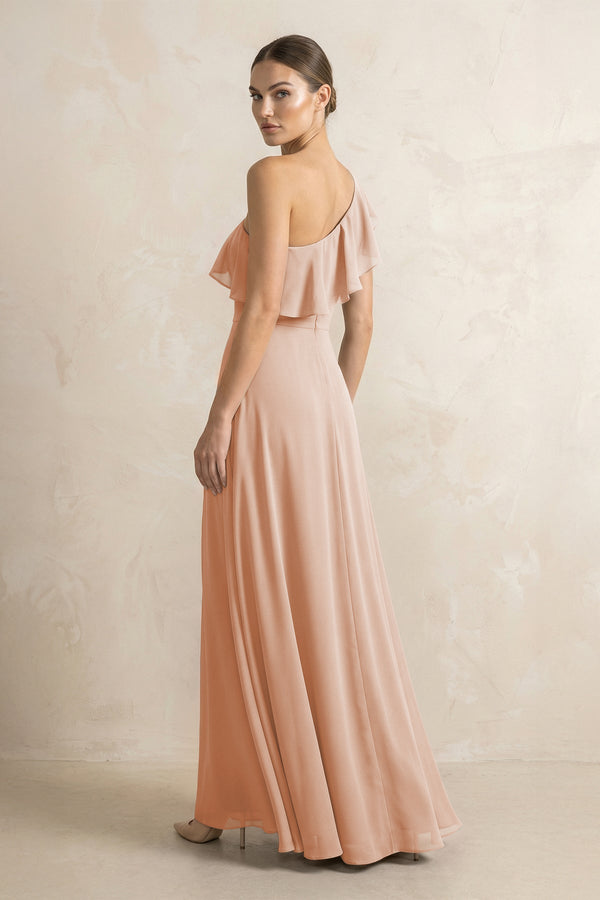 Ruffled One - Shoulder A - Line Chiffon Bridesmaid Dress in Champagne Rose - KISS BRIDAL Bridesmaid Dresses