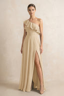 Ruffled One-Shoulder A-Line Chiffon Bridesmaid Dress in Champagne | KISSBRIDAL