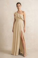 Ruffled One-Shoulder A-Line Chiffon Bridesmaid Dress in Champagne | KISSBRIDAL