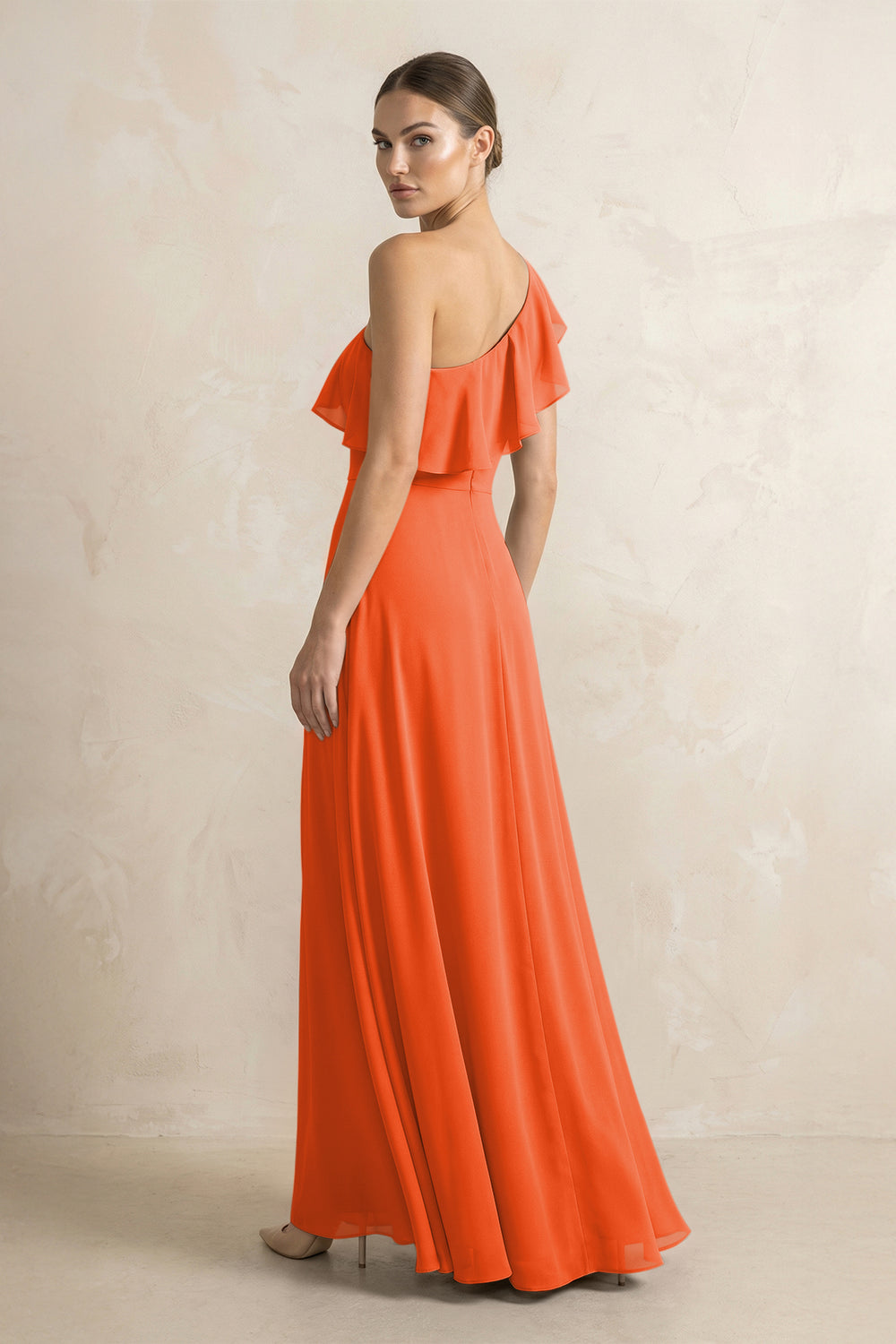 Ruffled One-Shoulder A-Line Chiffon Bridesmaid Dress in Cinnamon