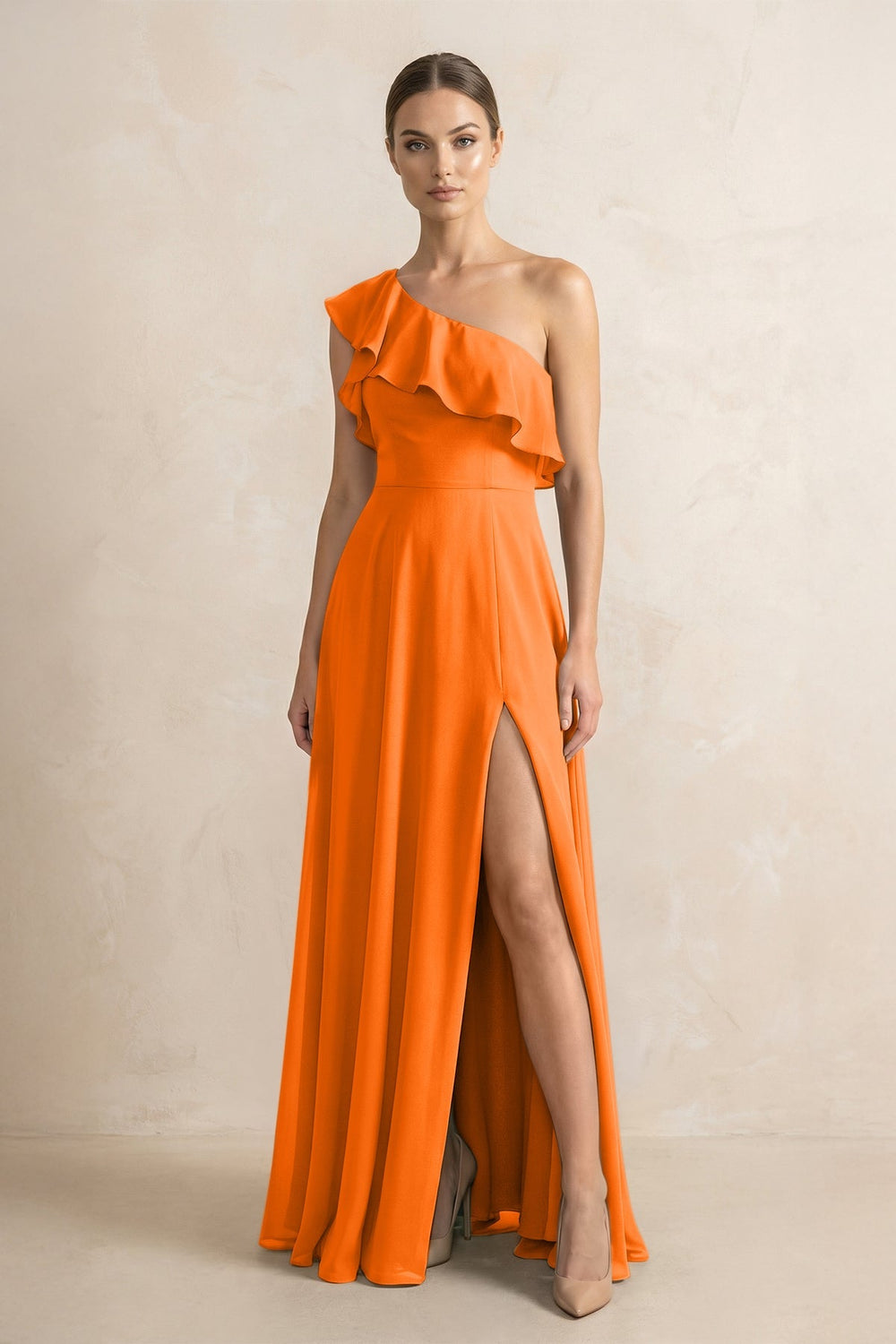 Ruffled One - Shoulder A - Line Chiffon Bridesmaid Dress in Cinnamon - KISS BRIDAL Bridesmaid Dresses