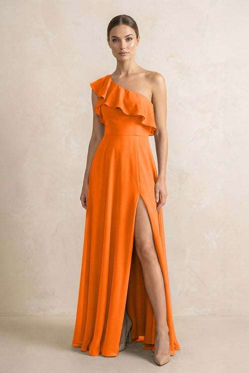 Ruffled One - Shoulder A - Line Chiffon Bridesmaid Dress in Cinnamon - SHE IS ME Bridesmaid Dresses