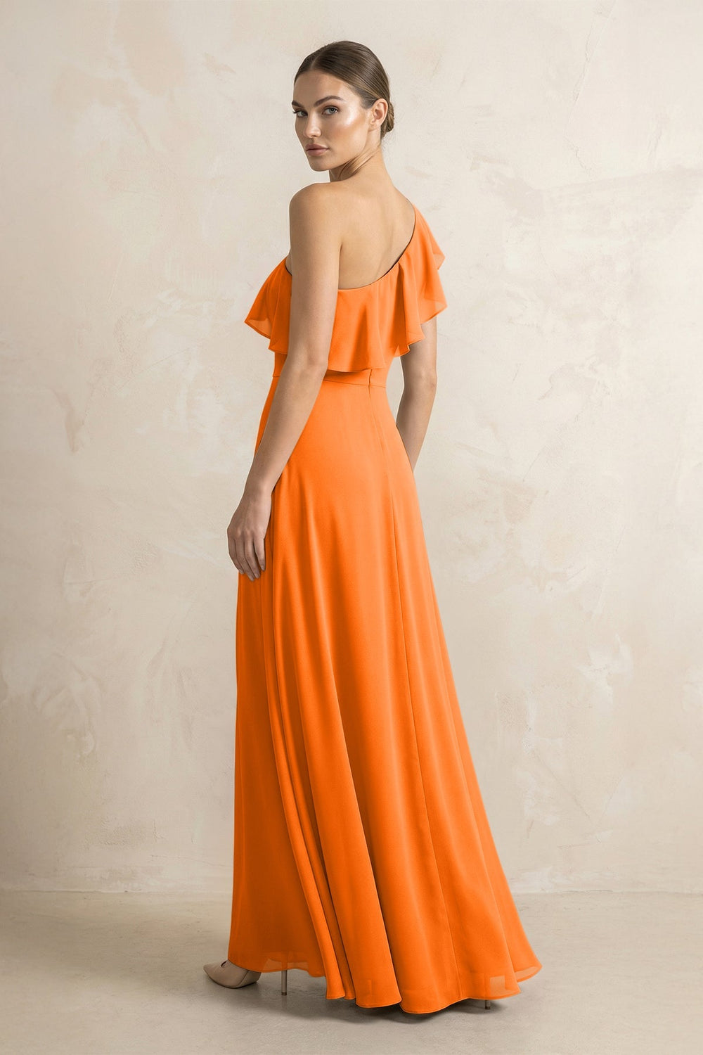 Ruffled One - Shoulder A - Line Chiffon Bridesmaid Dress in Cinnamon - KISS BRIDAL Bridesmaid Dresses