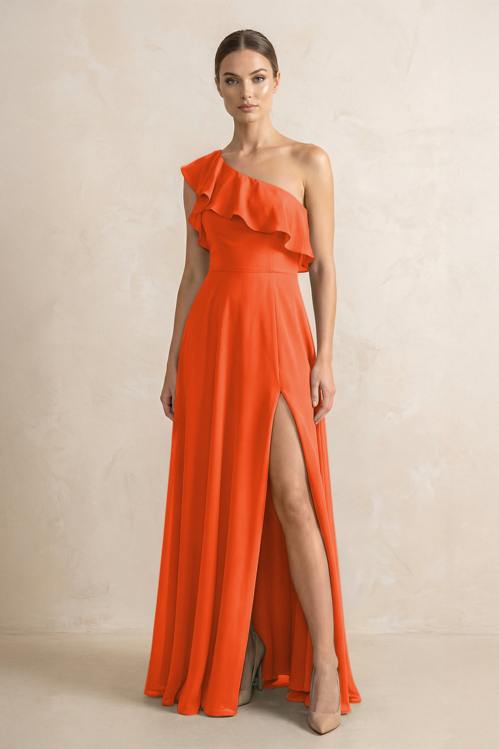Ruffled One-Shoulder A-Line Chiffon Bridesmaid Dress in Cinnamon