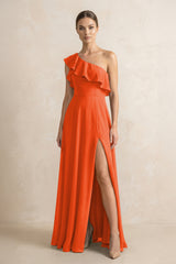 Ruffled One-Shoulder A-Line Chiffon Bridesmaid Dress in Cinnamon | KISSBRIDAL