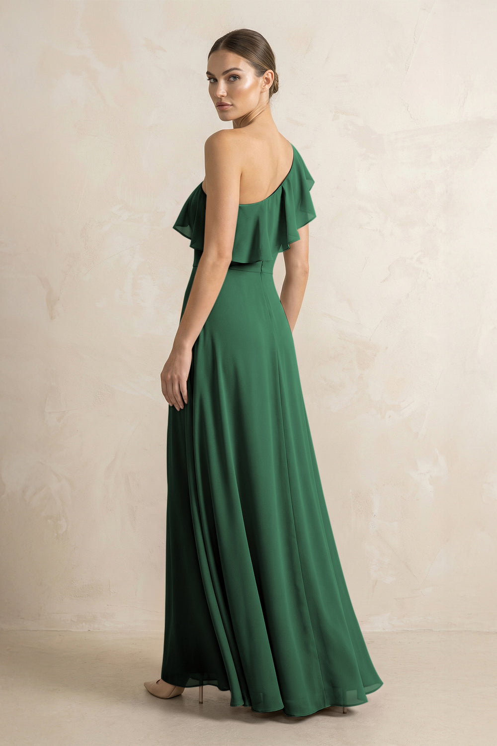 Ruffled One-Shoulder A-Line Chiffon Bridesmaid Dress in Dark Green
