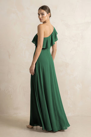 Ruffled One-Shoulder A-Line Chiffon Bridesmaid Dress in Dark Green (2) | KISSBRIDAL