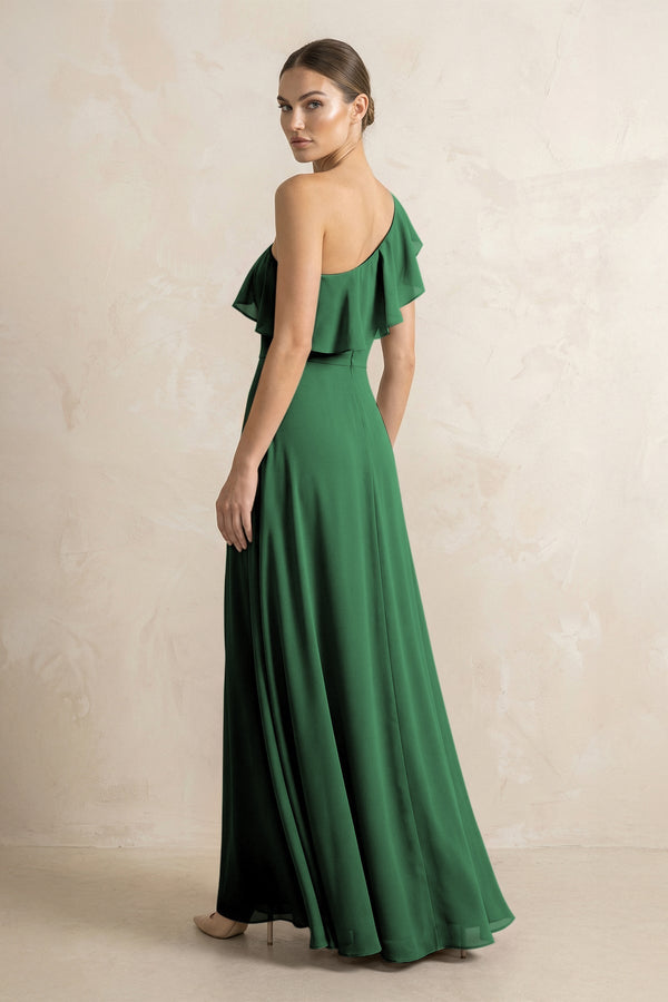 Ruffled One - Shoulder A - Line Chiffon Bridesmaid Dress in Dark Green - KISS BRIDAL Bridesmaid Dresses