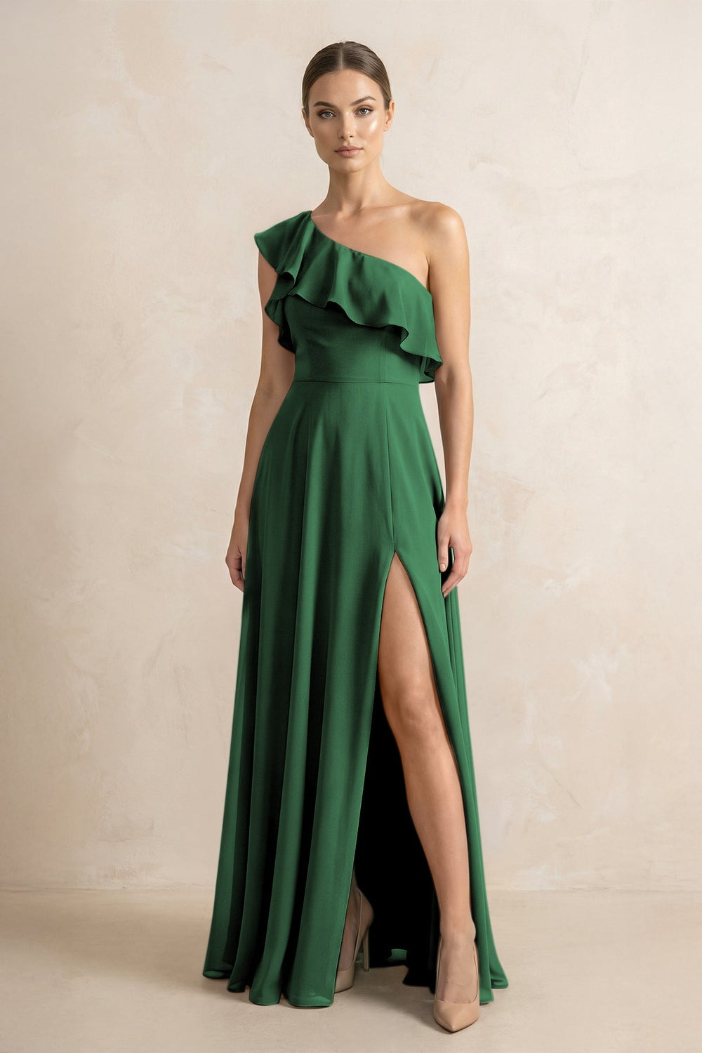 Ruffled One - Shoulder A - Line Chiffon Bridesmaid Dress in Dark Green - KISS BRIDAL Bridesmaid Dresses