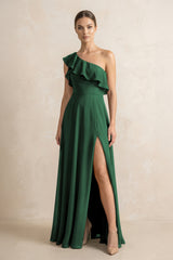 Ruffled One-Shoulder A-Line Chiffon Bridesmaid Dress in Dark Green | KISSBRIDAL