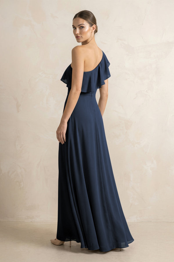 Ruffled One - Shoulder A - Line Chiffon Bridesmaid Dress in Dark Navy - SHE IS ME Bridesmaid Dresses