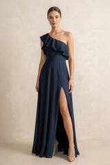 Ruffled One - Shoulder A - Line Chiffon Bridesmaid Dress in Dark Navy - KISS BRIDAL Bridesmaid Dresses