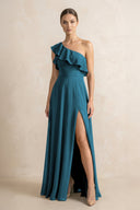 Ruffled One - Shoulder A - Line Chiffon Bridesmaid Dress in Dark Teal - KISS BRIDAL Bridesmaid Dresses