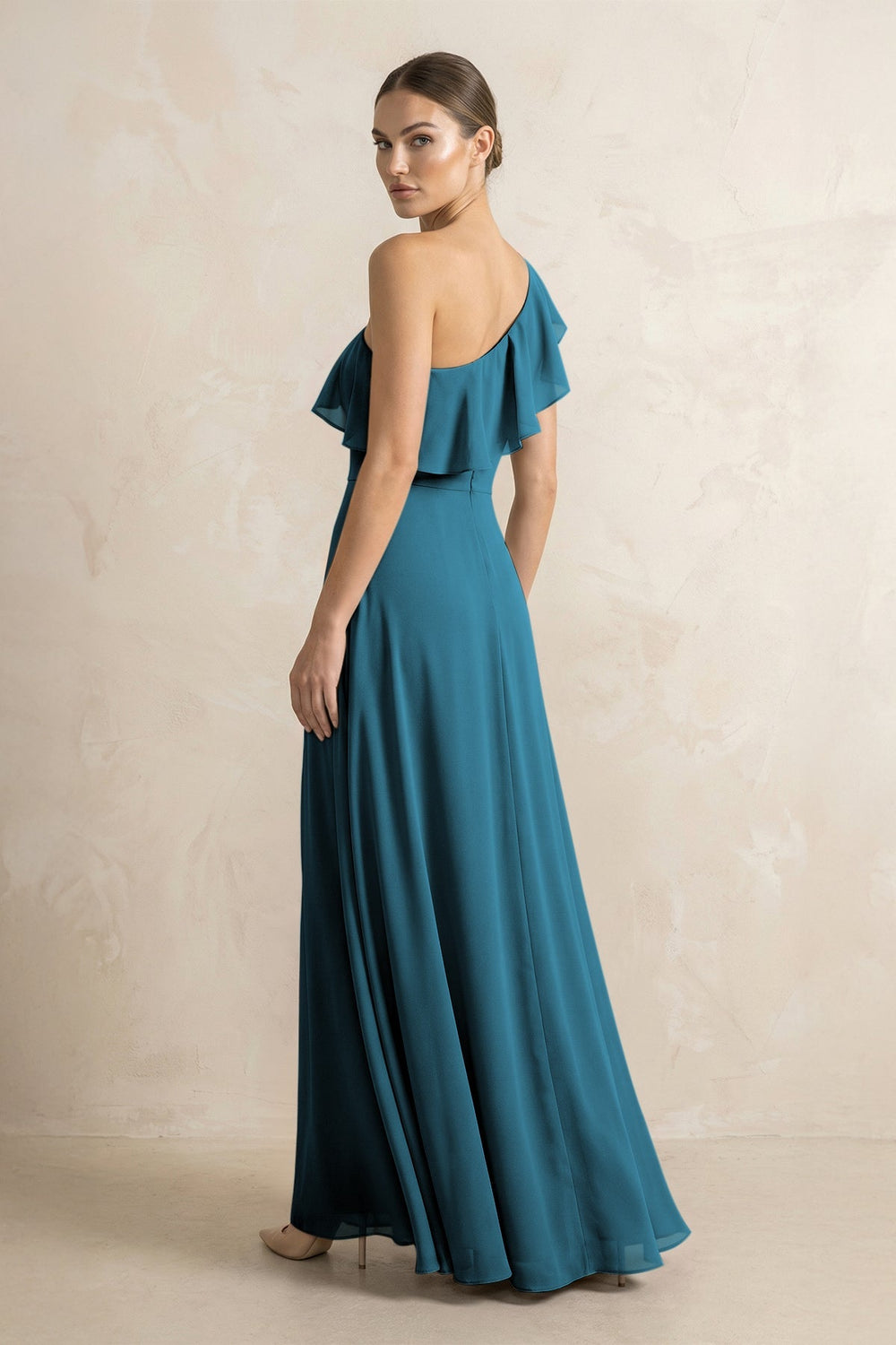 Ruffled One - Shoulder A - Line Chiffon Bridesmaid Dress in Dark Teal - KISS BRIDAL Bridesmaid Dresses