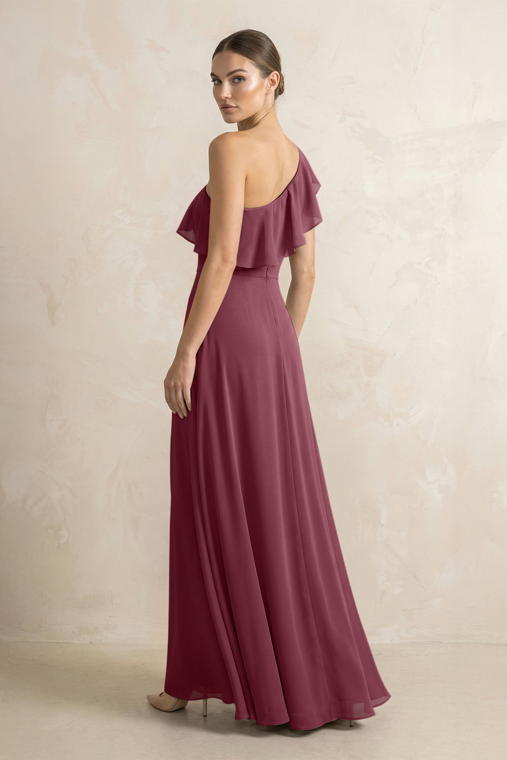 Ruffled One-Shoulder A-Line Chiffon Bridesmaid Dress in Desert Rose