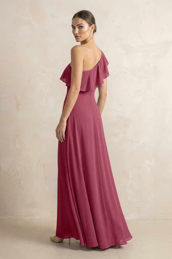 Ruffled One - Shoulder A - Line Chiffon Bridesmaid Dress in Desert Rose - KISS BRIDAL Bridesmaid Dresses