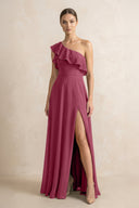 Ruffled One - Shoulder A - Line Chiffon Bridesmaid Dress in Desert Rose - KISS BRIDAL Bridesmaid Dresses