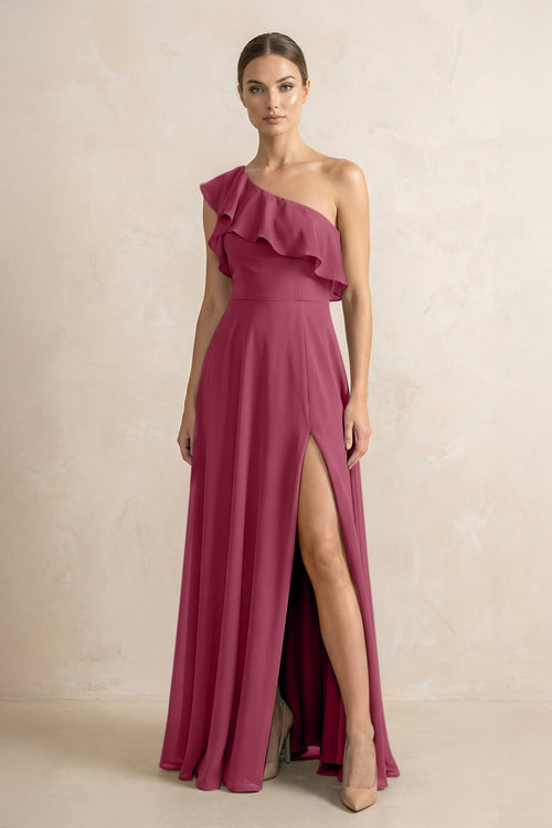 Ruffled One - Shoulder A - Line Chiffon Bridesmaid Dress in Desert Rose - KISS BRIDAL Bridesmaid Dresses