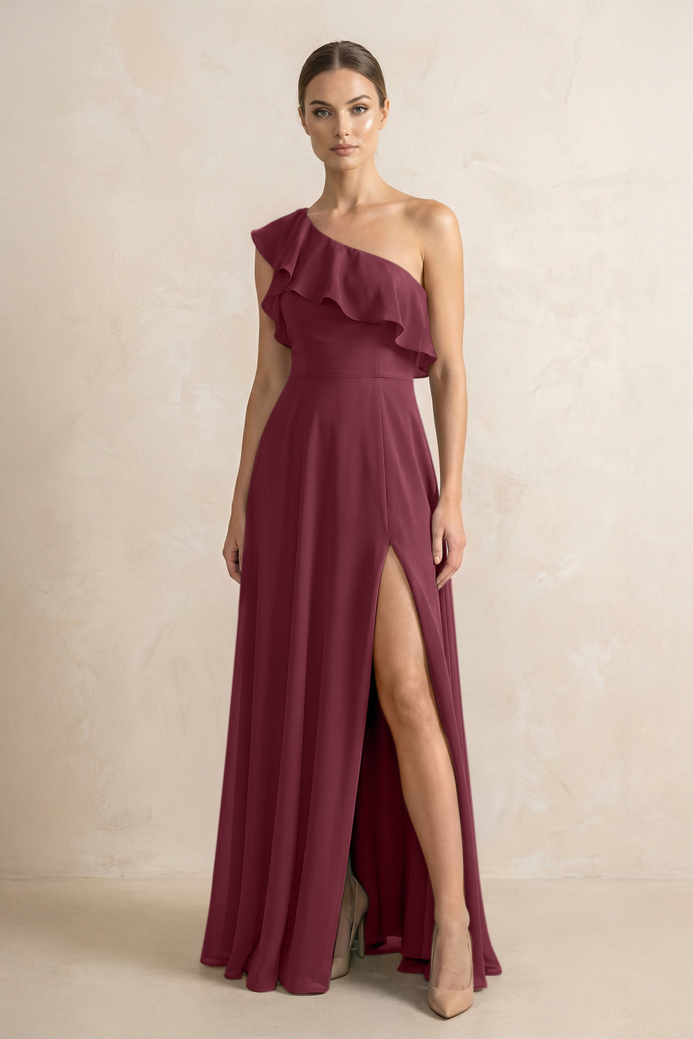 Ruffled One-Shoulder A-Line Chiffon Bridesmaid Dress in Desert Rose