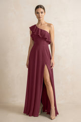 Ruffled One-Shoulder A-Line Chiffon Bridesmaid Dress in Desert Rose | KISSBRIDAL
