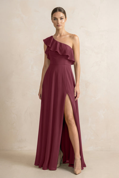 Ruffled One-Shoulder A-Line Chiffon Bridesmaid Dress in Desert Rose | KISSBRIDAL