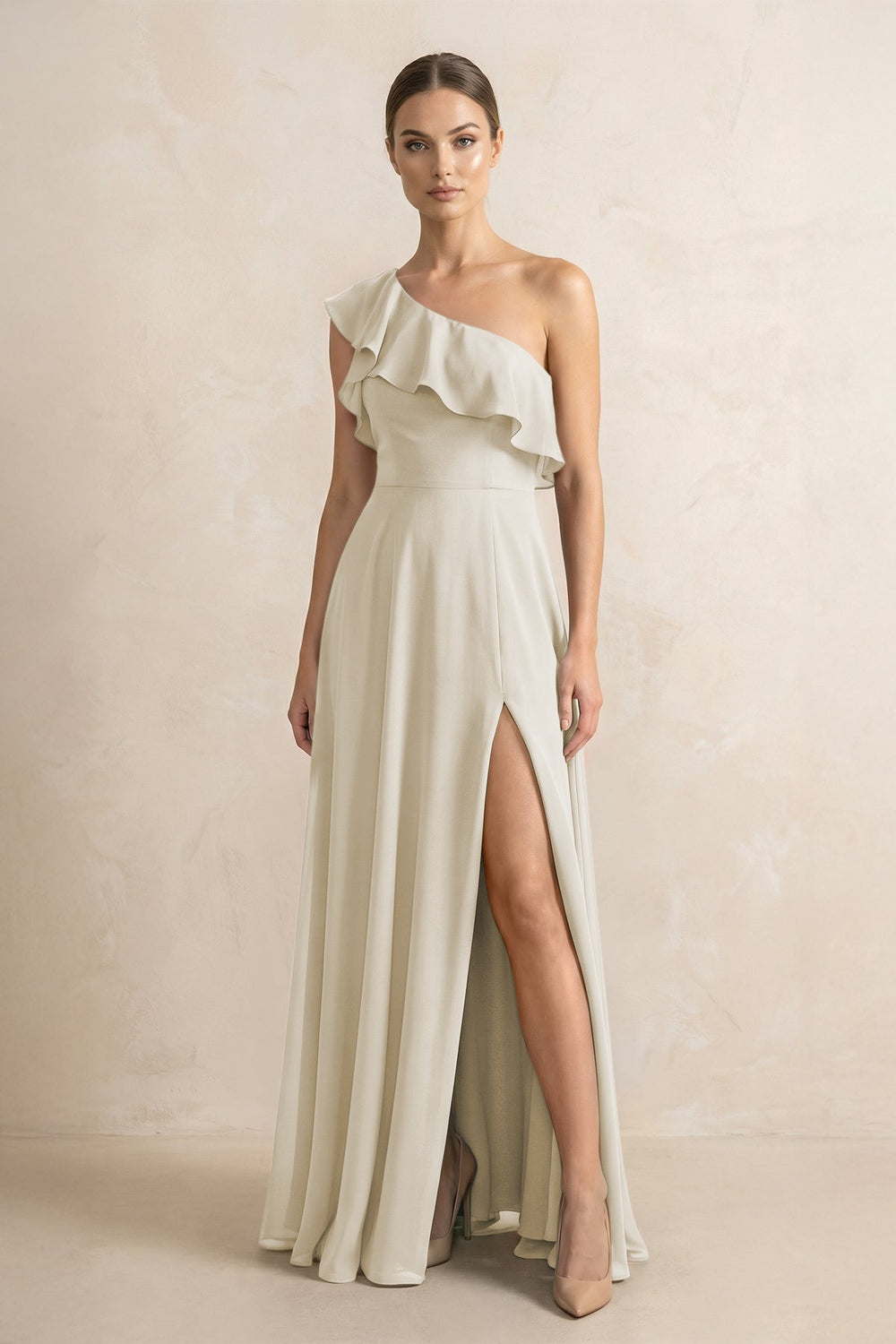 Ruffled One - Shoulder A - Line Chiffon Bridesmaid Dress in Dove Gray - KISS BRIDAL Bridesmaid Dresses