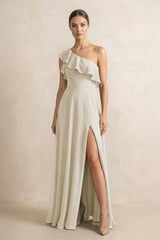 Ruffled One - Shoulder A - Line Chiffon Bridesmaid Dress in Dove Gray - KISS BRIDAL Bridesmaid Dresses