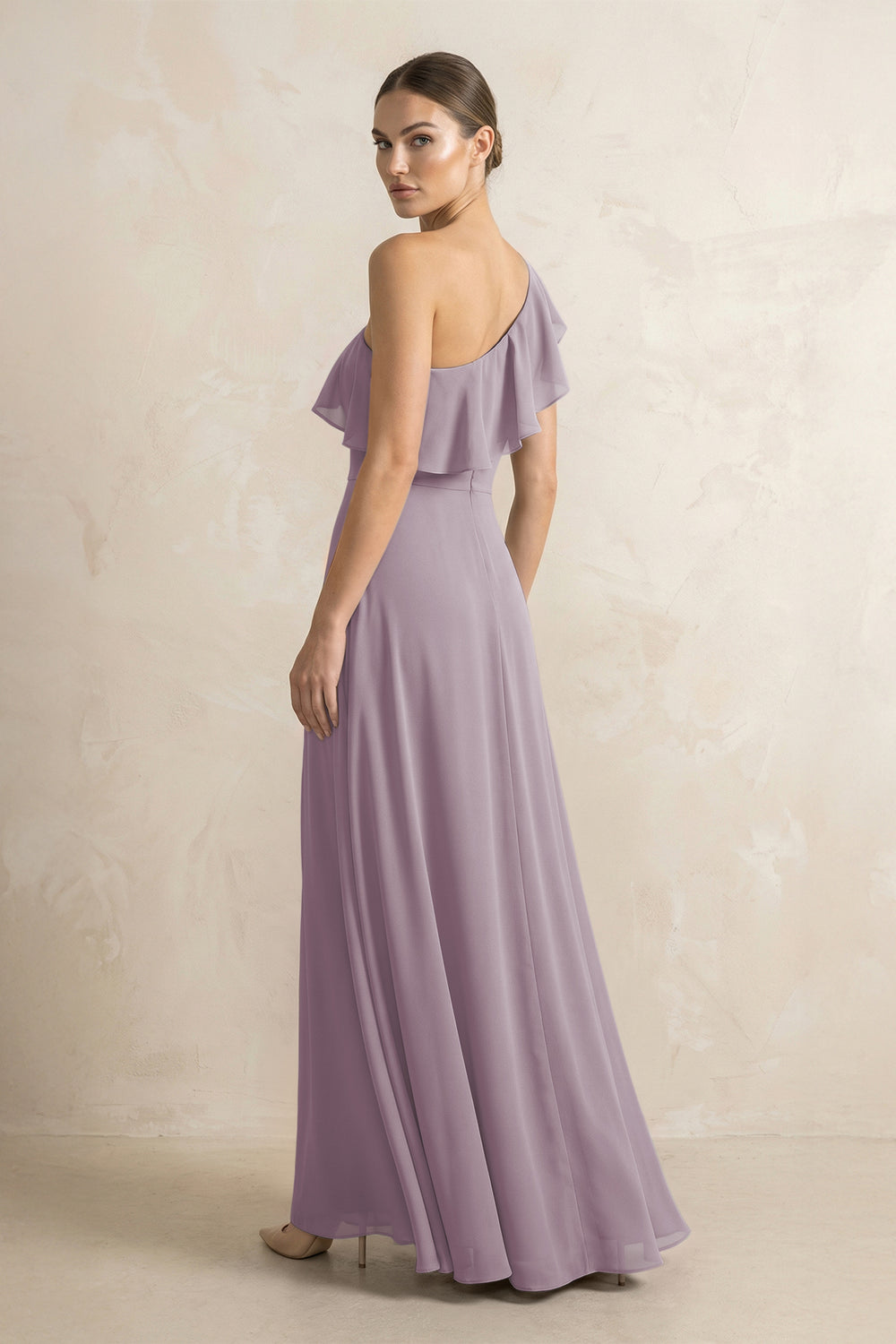 Ruffled One-Shoulder A-Line Chiffon Bridesmaid Dress in Dusk