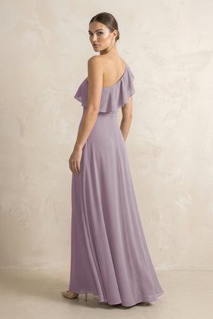 Ruffled One-Shoulder A-Line Chiffon Bridesmaid Dress in Dusk (2) | KISSBRIDAL
