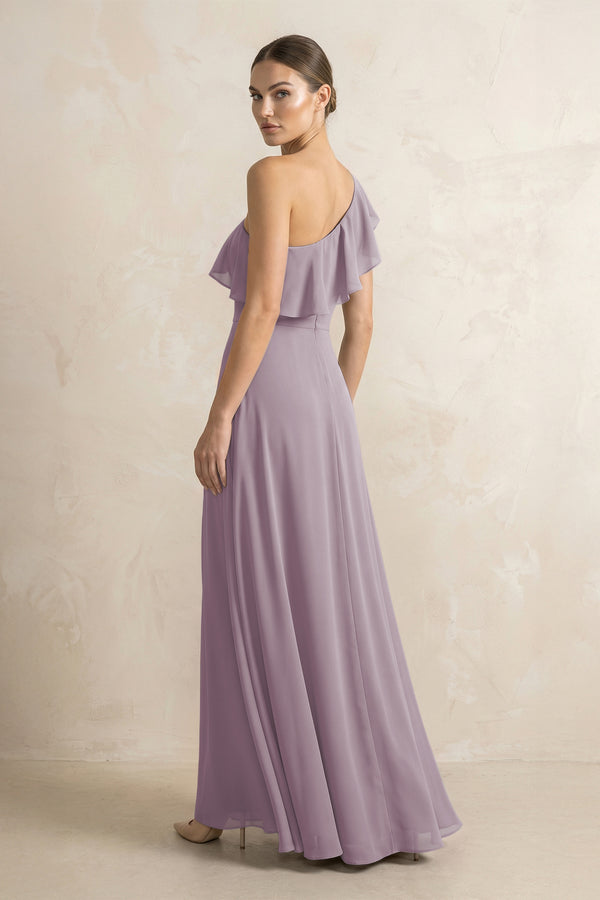 Ruffled One-Shoulder A-Line Chiffon Bridesmaid Dress in Dusk (2) | KISSBRIDAL