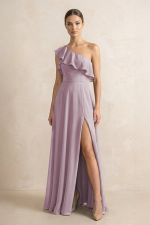 Ruffled One - Shoulder A - Line Chiffon Bridesmaid Dress in Dusk - KISS BRIDAL Bridesmaid Dresses