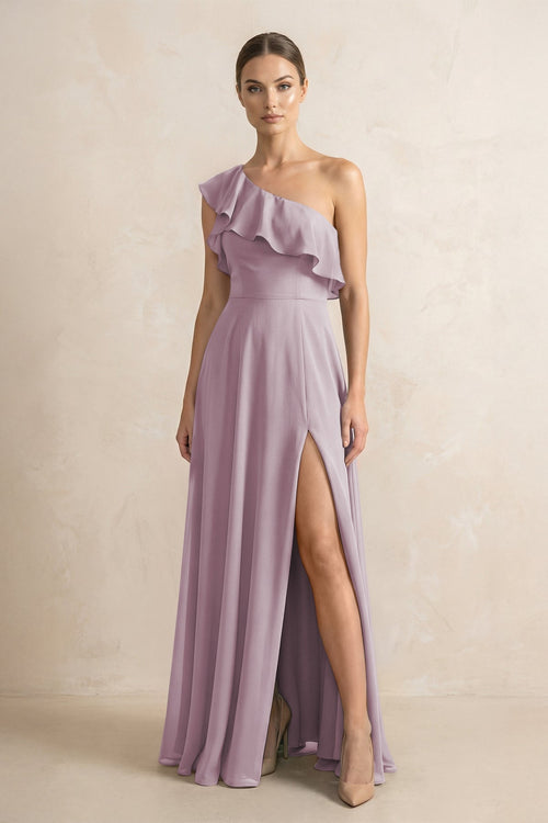 Ruffled One - Shoulder A - Line Chiffon Bridesmaid Dress in Dusk - KISS BRIDAL Bridesmaid Dresses