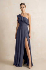 Ruffled One - Shoulder A - Line Chiffon Bridesmaid Dress in Dusk Blue - KISS BRIDAL Bridesmaid Dresses