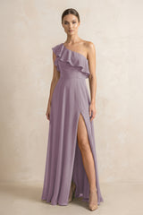 Ruffled One-Shoulder A-Line Chiffon Bridesmaid Dress in Dusk | KISSBRIDAL