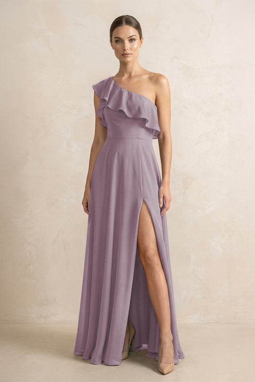 Ruffled One-Shoulder A-Line Chiffon Bridesmaid Dress in Dusk | KISSBRIDAL