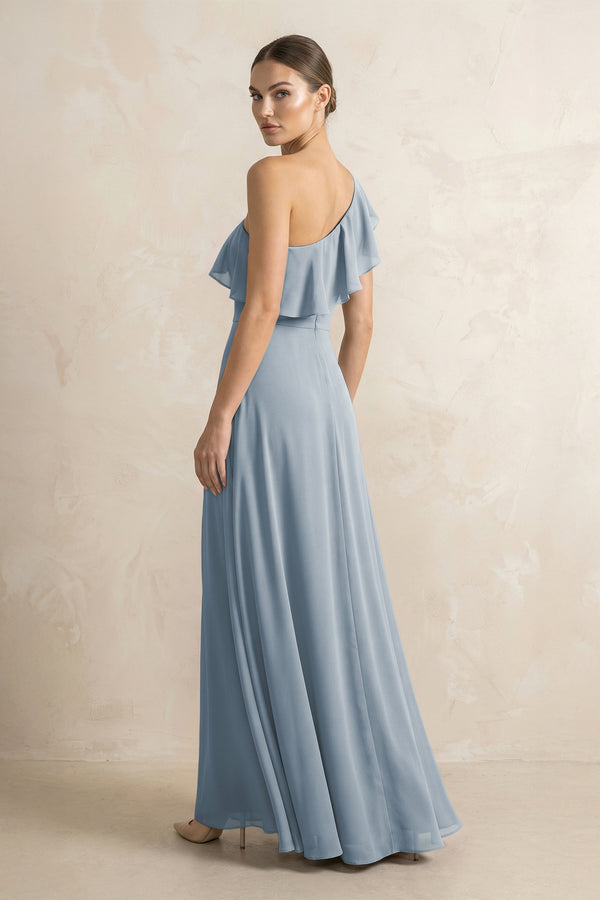 Ruffled One-Shoulder A-Line Chiffon Bridesmaid Dress in Dusty Blue (2) | KISSBRIDAL