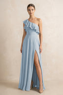 Ruffled One - Shoulder A - Line Chiffon Bridesmaid Dress in Dusty Blue - SHE IS ME Bridesmaid Dresses
