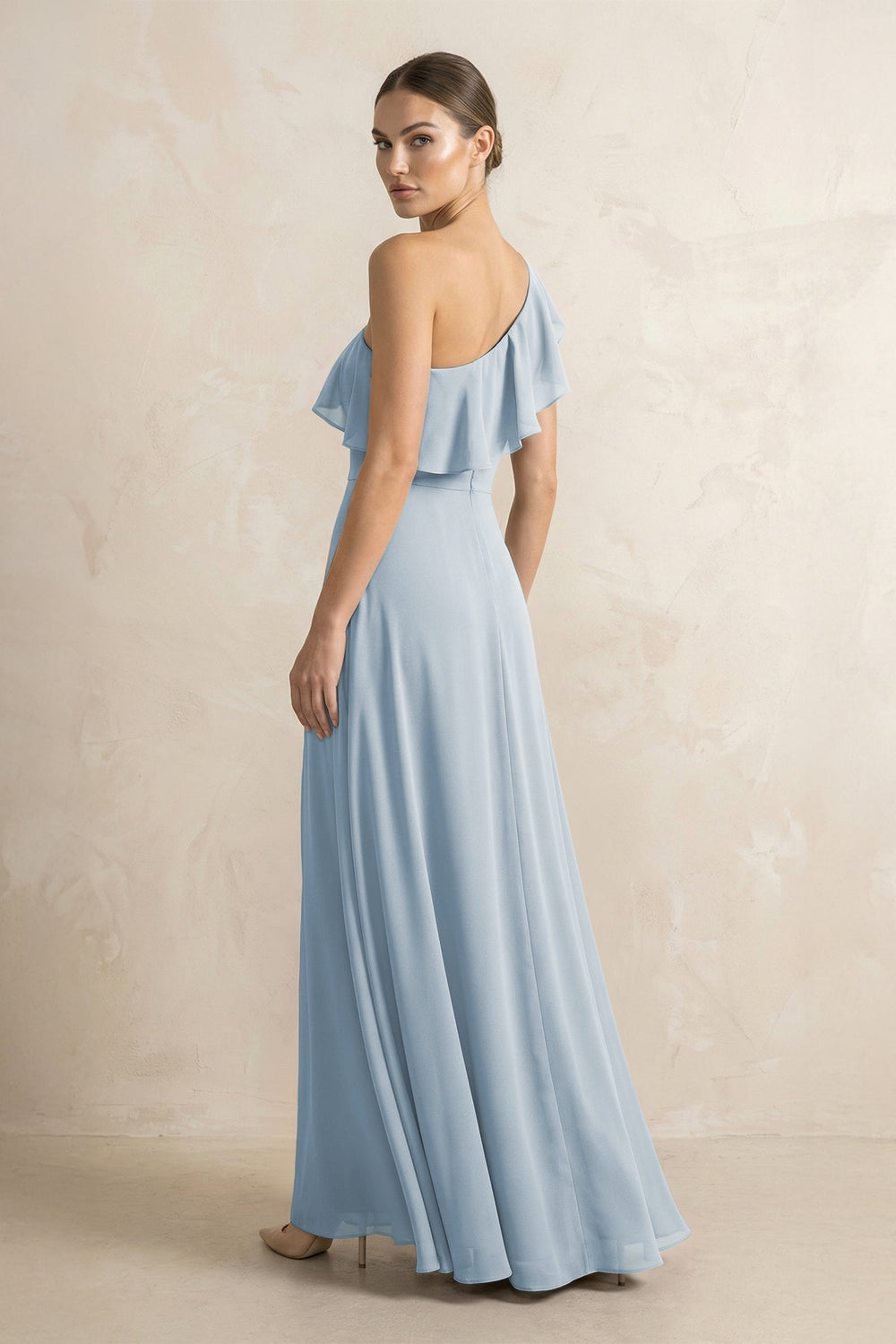 Ruffled One - Shoulder A - Line Chiffon Bridesmaid Dress in Dusty Blue - KISS BRIDAL Bridesmaid Dresses