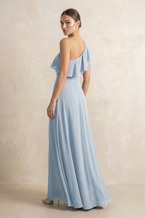 Ruffled One - Shoulder A - Line Chiffon Bridesmaid Dress in Dusty Blue - SHE IS ME Bridesmaid Dresses