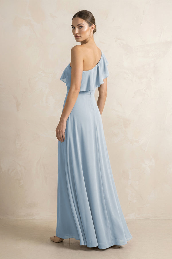 Ruffled One - Shoulder A - Line Chiffon Bridesmaid Dress in Dusty Blue - SHE IS ME Bridesmaid Dresses