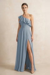 Ruffled One-Shoulder A-Line Chiffon Bridesmaid Dress in Dusty Blue | KISSBRIDAL