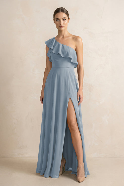 Ruffled One-Shoulder A-Line Chiffon Bridesmaid Dress in Dusty Blue | KISSBRIDAL