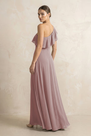 Ruffled One-Shoulder A-Line Chiffon Bridesmaid Dress in Dusty Rose (2) | KISSBRIDAL