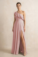 Ruffled One - Shoulder A - Line Chiffon Bridesmaid Dress in Dusty Rose - KISS BRIDAL Bridesmaid Dresses