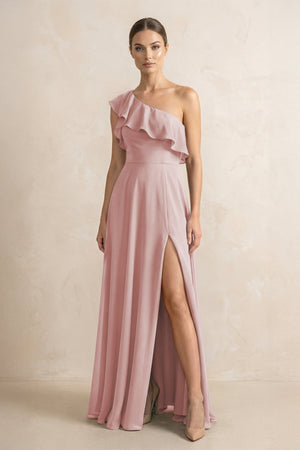 Ruffled One - Shoulder A - Line Chiffon Bridesmaid Dress in Dusty Rose - KISS BRIDAL Bridesmaid Dresses