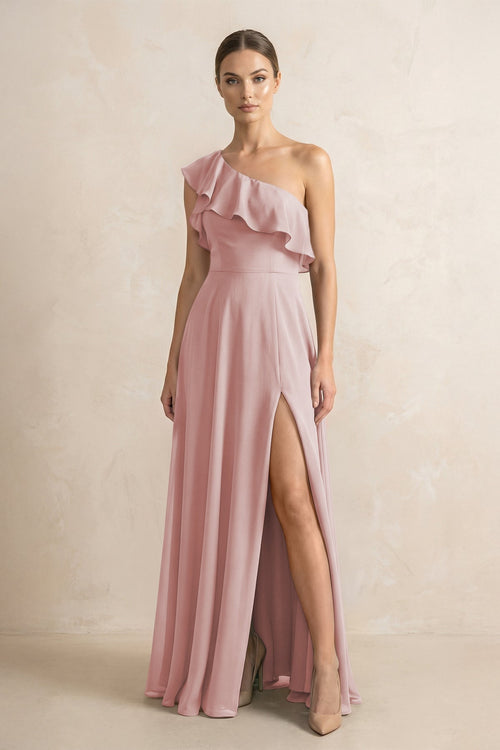 Ruffled One - Shoulder A - Line Chiffon Bridesmaid Dress in Dusty Rose - KISS BRIDAL Bridesmaid Dresses